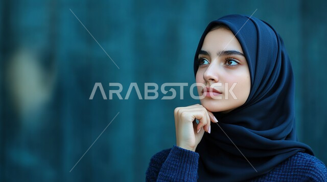 الاهتمام بالمظهر الخارجي، مفهوم الأنوثة والنعومة، أزياء محجبات عصرية وأنيقة، الملامح العربية القوية، بورتريه لامرأة عربية خليجية سعودية ترتدي العباية والحجاب تضع يدها على ذقنها بإيماءات التفكير، شرود الذهن والنظر الى شيء ما ، خلفية زرقاء