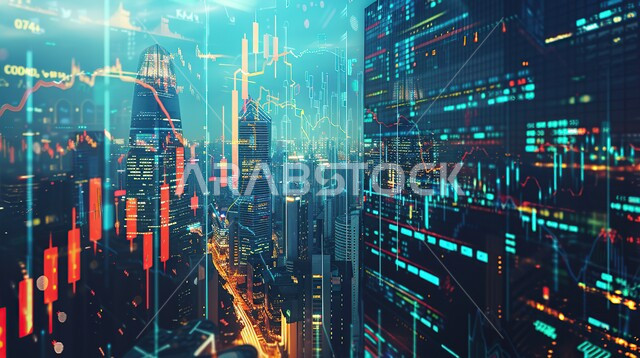 رسوم بيانية إحصائية للبورصة المالية بتقنية الهولوجرام ثلاثية الأبعاد، تطوير الشركات والمشاريع الاقتصادية، التجاره الإلكترونيه الرقمية، متابعة مؤشرات الأسهم ومخططات الإستثمار المالي, النمو والتطور في المجال الاقتصادي في السعودية
