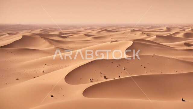 الجو الجاف والقاسي في الأراضي القاحلة، الرمال الذهبية الناعمة والكثبان في صحراء المملكة العربية السعودية, البيئة الرملية في وقت النهار، الهضاب والتلال في المناطق الطبيعية الصحراوية، خلفية الطبيعه