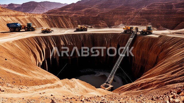 التعدين العربي الأول, مناطق التنقيب عن الثروات الباطنية، الطبيعة الصخرية وتضاريس السلاسل الجبلية، المرتفعات وقمم الجبال في المملكة العربية السعودية، مجموعة من السيارات الكبيرة تقوم بالعمل في موقع التعدين، التخلص من الأتربة والصخور ونقلها بعيدا