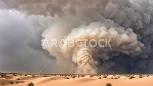  الزوابع الغبارية القوية، العاصفة الرملية في الصحراء, رياح ترابية في المناطق الصحراوية, الكثبان والرمال الذهبية الناعمة، التشكيلات والتكوينات الرملية في المملكة العربية السعودية, منظر السماء الممتلئة بالغيوم الداكنة