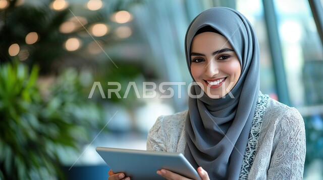 استخدام التقنيات الحديثة لإعداد خطط الاعمال الاستراتيجية, تنظيم الأمور في الشركة بإيماءات السرور, مفهوم الثقة بالنفس والانوثة، صورة مقربة لامرأة عربية خليجية سعودية محجبة ترتدي الزي الكاجوال تقوم بالعمل على جهاز التابليت، تدقيق مشاريع ومخططات الشركة