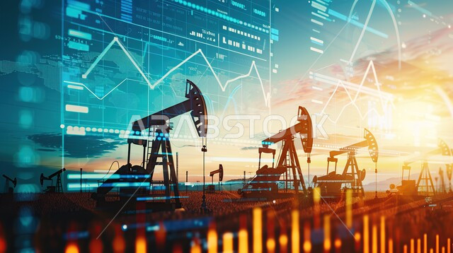 بيع وتصدير الثروات الباطنية، جودة أدوات ومعدات استخراج البترول، استنباط النفط والزيوت، آلات حفر ضخمة, رسوم بيانية إحصائية للبورصة المالية، التجاره الإلكترونيه الرقمية، متابعة مؤشرات الأسهم ومخططات الإستثمار المالي, النمو والتطور في المجال الاقتصادي في السعودية