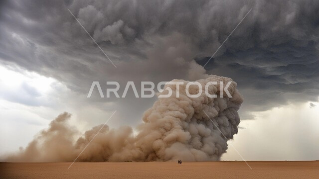 منظر السماء الممتلئة بالغيوم الداكنة، الزوابع الغبارية القوية, أجواء وطقوس قاسية, غبار العاصفة الرملية في الصحراء, رياح ترابية في المناطق الصحراوية, الكثبان والرمال الذهبية الناعمة، التشكيلات والتكوينات الرملية في المملكة العربية السعودية
