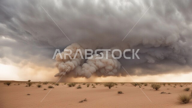 غبار العاصفة الرملية في الصحراء, رياح ترابية في المناطق الصحراوية, الكثبان والرمال الذهبية الناعمة، التشكيلات والتكوينات الرملية في المملكة العربية السعودية, منظر السماء الممتلئة بالغيوم الداكنة، الزوابع الغبارية القوية, أجواء وطقوس قاسية