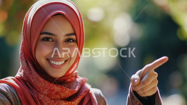 تحديد موقع معين بإيماءات البشاشة، إشارات وحركات يدين تدل على هذا المكان (هنا)، صورة مقربة لامرأة عربيه خليجيه سعوديه مبتسمه محجبه ترتدي الزي الكاجوال ترفع اصابعها السبابة وتشير الى شيء ما