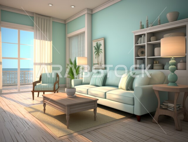 High-end interior decoration for villas and residential apartments in the Kingdom of Saudi Arabia, a living room with luxurious home furniture, modern accessories and antiques, elegant designs for comfortable living rooms in a modern style, hanging art paintings