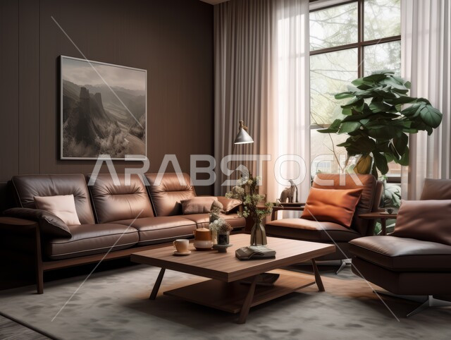 High-end interior decoration for villas and residential apartments in the Kingdom of Saudi Arabia, a living room with luxurious home furniture, modern accessories and antiques, elegant designs for comfortable living rooms in a modern style, hanging art paintings
