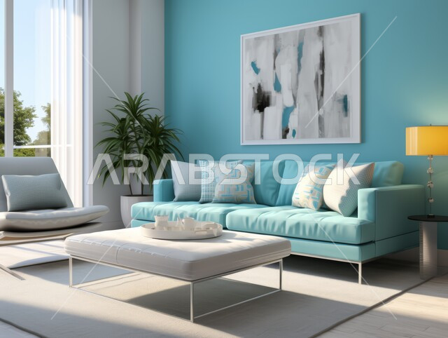 الديكورات الداخلية الراقية للفلل والشقق السكنية في المملكة العربية السعودية، غرفة معيشة مع أثاث منزلي فاخر، اكسسوارات وتحف عصرية، التصاميم الأنيقة لغرف الجلوس المريحة على الطراز الحديث, لوحات فنية معلقة