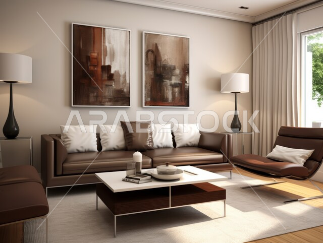 High-end interior decoration for villas and residential apartments in the Kingdom of Saudi Arabia, a living room with luxurious home furniture, modern accessories and antiques, elegant designs for comfortable living rooms in a modern style, hanging art paintings