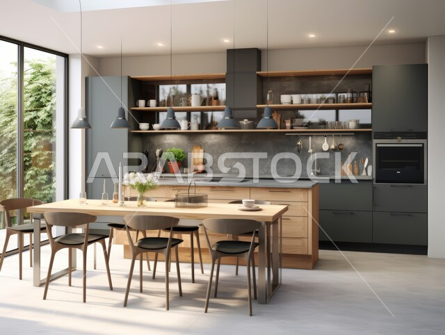 التصميم العصري للمطابخ الفاخرة في المملكة العربية السعودية، التحف والأكسسوارات المنزلية، الفن الهندسي المعماري للفلل والشقق السكنية، ديكور داخلي راقي لمطبخ أنيق