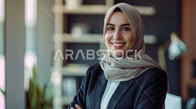 الأناقة و الاهتمام بالمظهر الخارجي, مفهوم الأنوثة و النعومة, صورة مقربة لشابة عربية خليجية سعودية مبتسمة ترتدي الحجاب تنظر إلى الكاميرا بإيماءات السعادة و السرور