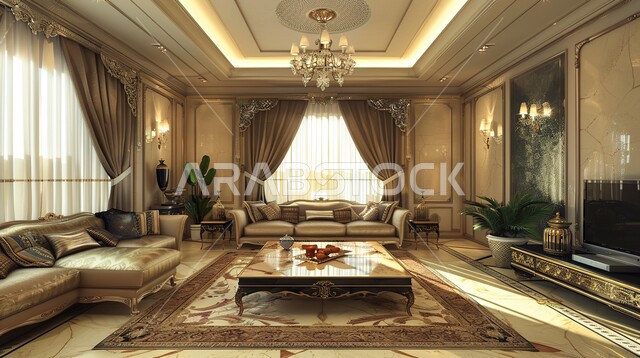  ديكور داخلي راقي, التصاميم الداخلية المزخرفة لغرف الجلوس على الطراز الحديث، أثاث منزلي فاخر لغرفة معيشة، الفلل والشقق السكنية في المملكة العربية السعودية
