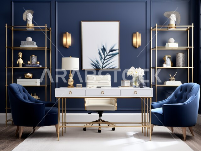 ديكورات مميزة على الطراز الحديث, شقق و فلل سكنية في المملكة العربية السعودية, ديكور داخلي أنيق, تصاميم عصرية حديثة, مكتب منزلي باللون الأبيض و الأزرق