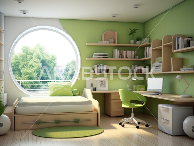 تصاميم عصرية حديثة, ديكورات مميزة على الطراز الحديث,  شقق و فلل سكنية في المملكة العربية السعودية, ديكور داخلي أنيق, غرفة نوم مع نافذة كبيرة تطل على حديقة خضراء