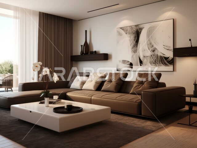 ديكور داخلي أنيق, تصاميم عصرية حديثة, ديكورات مميزة على الطراز الحديث,  شقق و فلل سكنية في المملكة العربية السعودية, غرفة معيشة معاصرة مع أريكة جلدية بنية اللون