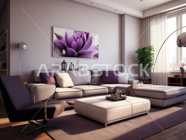 ديكورات مميزة على الطراز الحديث, شقق و فلل سكنية في المملكة العربية السعودية, ديكور داخلي أنيق, تصاميم عصرية حديثة, غرفة معيشة مع أريكة بيضاء و لمسات أرجوانية