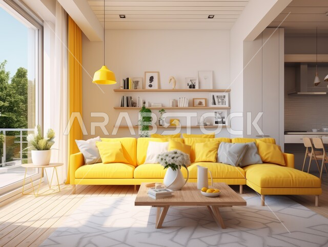 تصاميم عصرية حديثة, ديكورات مميزة على الطراز الحديث,  شقق و فلل سكنية في المملكة العربية السعودية, ديكور داخلي أنيق, غرفة معيشة مع أريكة صفراء وأرضية خشبية وسجادة بيضاء