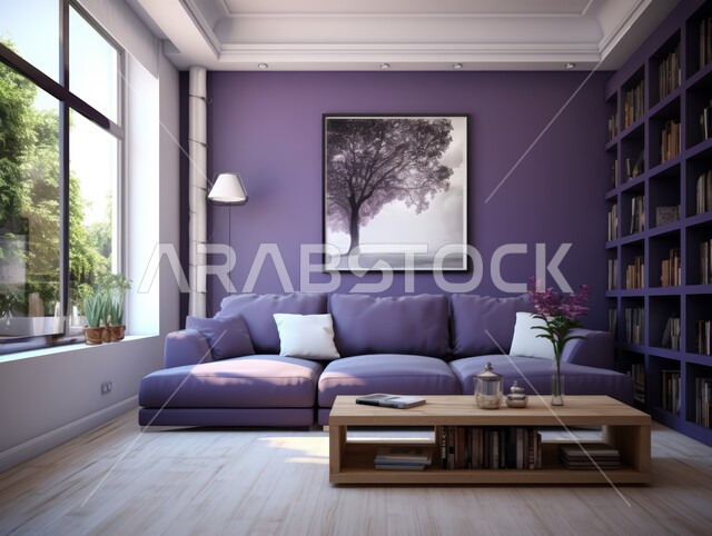 ديكور داخلي أنيق, تصاميم عصرية حديثة, ديكورات مميزة على الطراز الحديث,  شقق و فلل سكنية في المملكة العربية السعودية, غرفة معيشة مع أريكة أرجوانية وطاولة