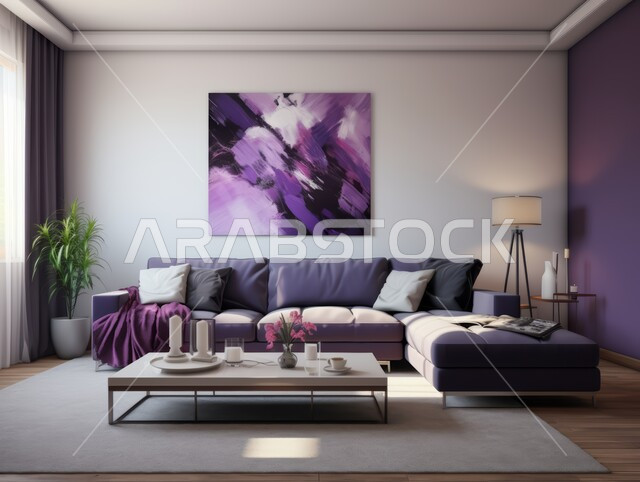 ديكورات مميزة على الطراز الحديث, شقق و فلل سكنية في المملكة العربية السعودية, ديكور داخلي أنيق, تصاميم عصرية حديثة, غرفة معيشة مع أريكة أرجوانية وطاولة