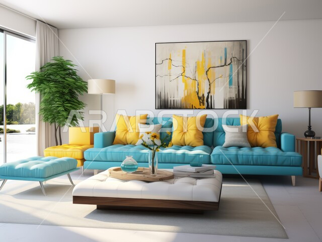 شقق و فلل سكنية في المملكة العربية السعودية, ديكور داخلي أنيق, تصاميم عصرية حديثة, ديكورات مميزة على الطراز الحديث, غرفة معيشة مع أريكة زرقاء ووسائد صفراء وسرير أبيض
