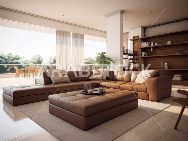 ديكورات مميزة على الطراز الحديث, شقق و فلل سكنية في المملكة العربية السعودية, ديكور داخلي أنيق, تصاميم عصرية حديثة, غرفة معيشة مع أريكة جلدية بنية اللون ومقعد