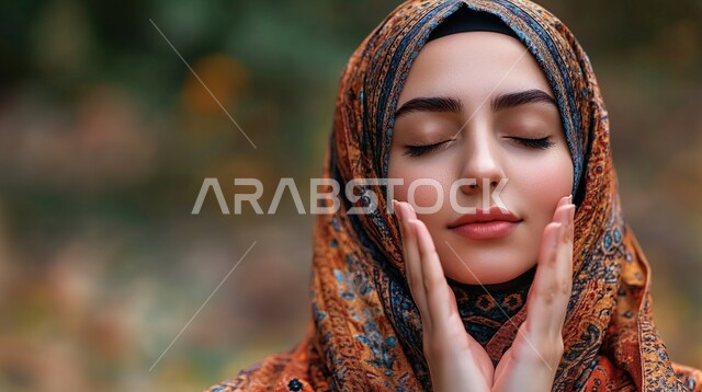 مفهوم الأنوثة والنعومة، الاهتمام بالمظهر الخارجي، أزياء محجبات عصرية وأنيقة، الملامح العربية القوية، صورة مقربة لامرأة عربية خليجية سعودية محجبة تضع يديها على خديها بعينين مغمضتين، ايماءات التفكير وشرود الذهن