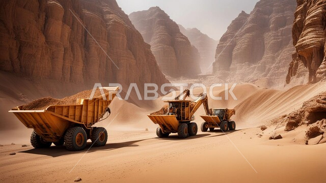 الجرافات الكبيرة تقوم بالعمل في موقع التعدين، التخلص من الأتربة والصخور ونقلها بعيدا, أول تعدين عربي, مناطق التنقيب عن الثروات الباطنية، الطبيعة الصخرية وتضاريس السلاسل الجبلية، المرتفعات وقمم الجبال في المملكة العربية السعودية