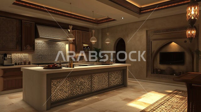 ديكور داخلي راقي لمطبخ أنيق، الفن الهندسي المعماري للفلل والشقق السكنية، استخدام الرخام الفاخر لأثاث المطابخ، الأضواء والأنوار والأكسسوارات المنزلية، التصميم العصري للمطابخ الفاخرة في المملكة العربية السعودية