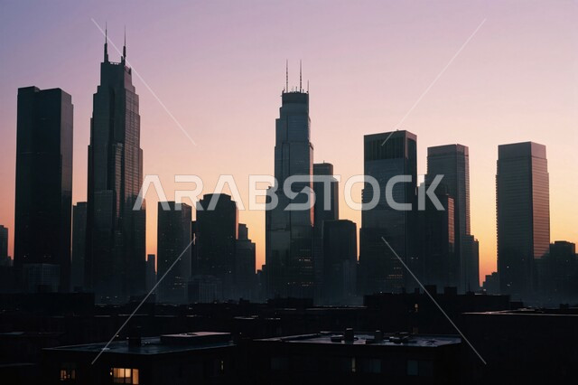 منظر ظلي تخيلي مستقبلي للتقدم و النمو العمراني, الفنون و التصاميم الهندسية المعمارية الحديثة لناطحات السحاب في المملكة العربية السعودية، الأبراج والمباني والمنشآت التجارية الشاهقة وقت الغروب، رؤية مستقبلية سعودية 2030، مفهوم التطور الهندسي المعماري في مدينة الرياض