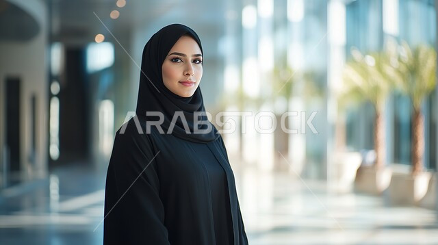 Standing straight and looking at the camera with confident gestures, the concept of femininity and softness, interest in outward appearance, modern and elegant veiled fashion, strong Arab features, a close-up of a smiling veiled Saudi Arabian Gulf businesswoman wearing a black abaya