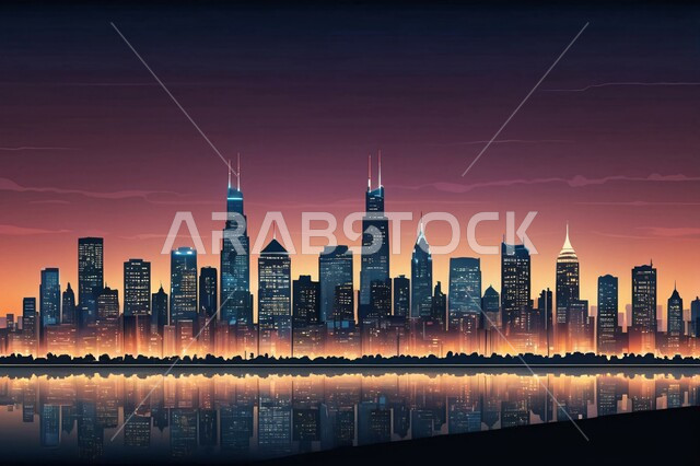 الفنون و التصاميم الهندسية المعمارية الحديثة لناطحات السحاب في المملكة العربية السعودية، منظر تخيلي مستقبلي للتقدم و النمو العمراني, الأبراج والمباني والمنشآت التجارية الشاهقة في وقت الغروب، رؤية مستقبلية سعودية 2030، مفهوم التطور الهندسي المعماري في مدينة الرياض