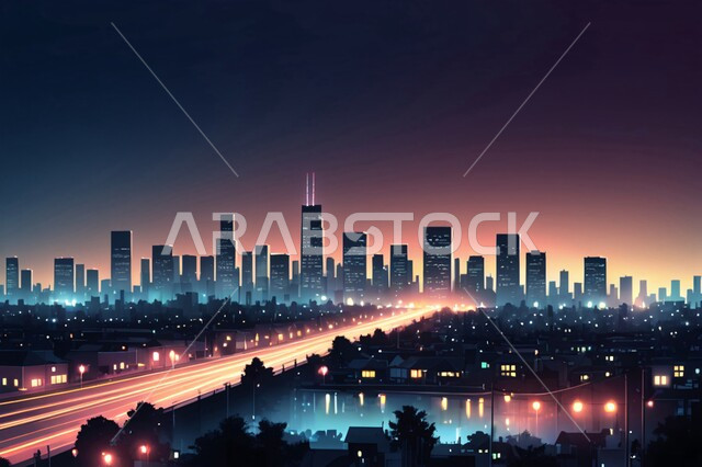 الفنون و التصاميم الهندسية المعمارية الحديثة لناطحات السحاب في المملكة العربية السعودية، منظر تخيلي مستقبلي للتقدم و النمو العمراني, الأبراج والمباني والمنشآت التجارية الشاهقة في وقت الغروب، رؤية مستقبلية سعودية 2030، مفهوم التطور الهندسي المعماري في مدينة الرياض