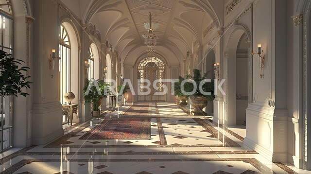 Interest in ornamental plants inside modern hotels and resorts, luxury antiques and accessories, advanced architecture and decorations, classic decorations engraved on columns and ceilings, a large and luxurious chandelier for lighting