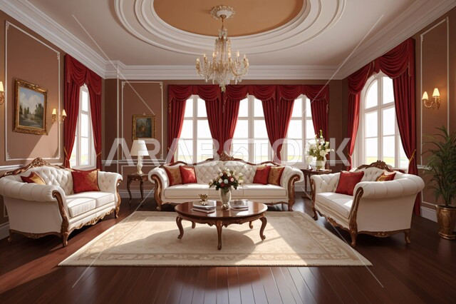 التصاميم الأنيقة لغرف الجلوس المريحة على الطراز الكلاسيكي، غرفة معيشة مع أثاث منزلي فاخر بالألوان الراقية، الديكورات الداخلية الراقية للفلل والشقق السكنية في المملكة العربية السعودية، اكسسوارات وتحف عصرية