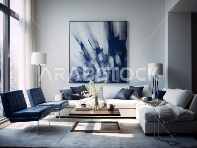 غرفة معيشة مع أريكة بيضاء وكراسي, ديكورات داخلية أنيقة و فاخرة, شقق و فلل سكنية في المملكة العربية السعودية, ديكور عصري على الطراز الحديث, تصاميم حديثة أنيقة و عصرية