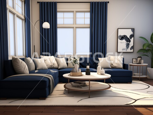 غرفة معيشة مع أريكة زرقاء وسجادة بيضاء، ديكورات داخلية أنيقة و فاخرة, شقق و فلل سكنية في المملكة العربية السعودية, ديكور عصري على الطراز الحديث, تصاميم حديثة أنيقة و عصرية