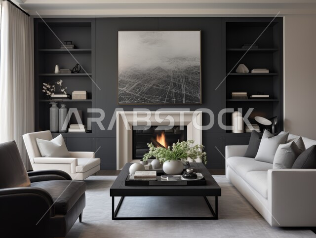 غرفة معيشة مع مدفأة وأريكة بيضاء وأرضية رمادية, ديكورات داخلية أنيقة و فاخرة, شقق و فلل سكنية في المملكة العربية السعودية, ديكور عصري على الطراز الحديث, تصاميم حديثة أنيقة و عصرية