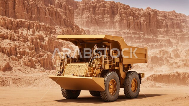 Engineering, construction and development concept, sandy and rocky nature of the deserts of Saudi Arabia, heavy machinery and equipment, a group of bulldozers working to lift and pack sand and gravel during the day