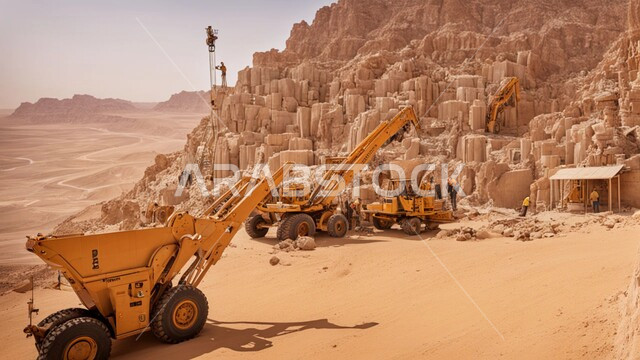 مفهوم الهندسة والإنشاءات والتطوير، الطبيعة الرملية و الصخرية في صحاري المملكة العربية السعودية, آلات ومعدات ثقيلة، مجموعة من الجرافات تعمل على رفع وتعبئة الرمال والحصى في النهار