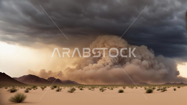 الزوابع الغبارية القوية، العاصفة الرملية في الصحراء, رياح ترابية في المناطق الصحراوية, الكثبان والرمال الذهبية الناعمة، التشكيلات والتكوينات الرملية في المملكة العربية السعودية, منظر السماء الممتلئة بالغيوم الداكنة