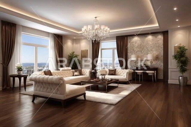 الطراز الكلاسيكي في ديكورات غرف المعيشة، اكسسوارات وتحف حديثة، غرفة معيشة مع أثاث منزلي فاخر بألوان متناسقة، ديكورات داخلية راقية للفلل والشقق السكنية في المملكة العربية السعودية