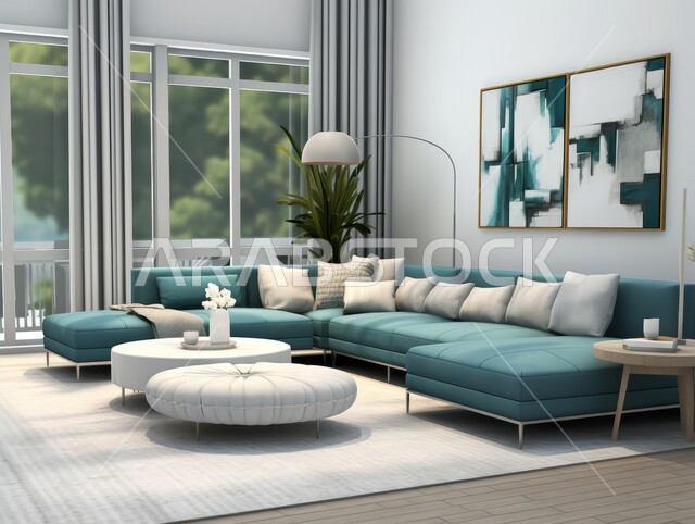 شقق و فلل سكنية في المملكة العربية السعودية, ديكور عصري على الطراز الحديث, تصاميم حديثة أنيقة و عصرية, ديكورات داخلية أنيقة و فاخرة, غرفة معيشة مع أريكة باللون الأزرق المخضر ومقعد