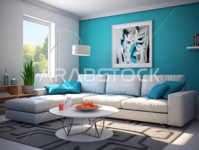 ديكور عصري على الطراز الحديث, تصاميم حديثة أنيقة و عصرية, ديكورات داخلية أنيقة و فاخرة, شقق و فلل سكنية في المملكة العربية السعودية, غرفة معيشة مع أريكة بيضاء و وسائد زرقاء و طاولة