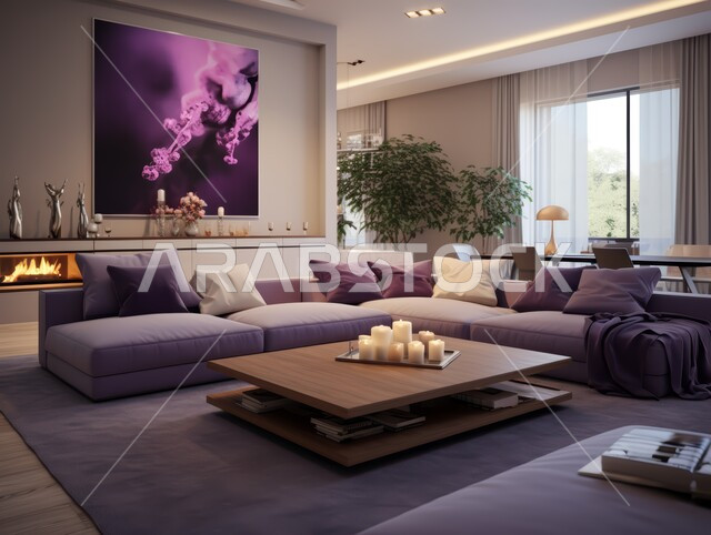 ديكورات داخلية أنيقة و فاخرة, شقق و فلل سكنية في المملكة العربية السعودية, ديكور عصري على الطراز الحديث, تصاميم حديثة أنيقة و عصرية, غرفة معيشة مريحة مع أريكة أرجوانية ولوحة تجريدية كبيرة