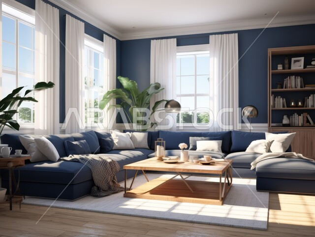شقق و فلل سكنية في المملكة العربية السعودية, ديكور عصري على الطراز الحديث, تصاميم حديثة أنيقة و عصرية, ديكورات داخلية أنيقة و فاخرة, غرفة معيشة مع أريكة زرقاء وستائر بيضا
