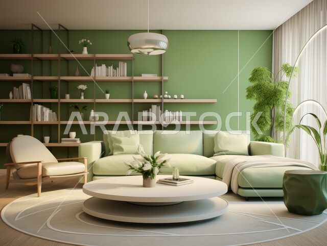 ديكور عصري على الطراز الحديث, تصاميم حديثة أنيقة و عصرية, ديكورات داخلية أنيقة و فاخرة, شقق و فلل سكنية في المملكة العربية السعودية, غرفة معيشة مع أريكة خضراء وطاولة مستديرة