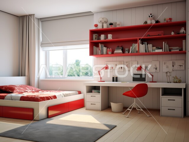 شقق و فلل سكنية في المملكة العربية السعودية, ديكور عصري على الطراز الحديث, تصاميم حديثة أنيقة و عصرية, ديكورات داخلية أنيقة و فاخرة, غرفة نوم أطفال مع لمسات حمراء وسرير أبيض ومكتب