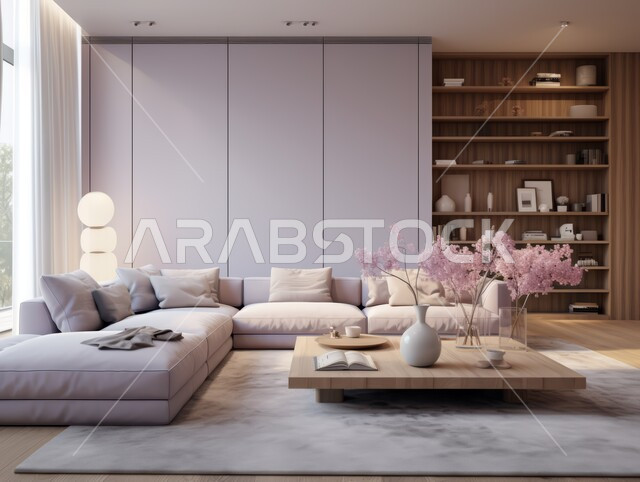 ديكورات داخلية أنيقة و فاخرة, شقق و فلل سكنية في المملكة العربية السعودية, ديكور عصري على الطراز الحديث, تصاميم حديثة أنيقة و عصرية, غرفة معيشة مع أريكة كبيرة وطاولة خشبية