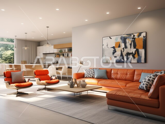 ديكور عصري على الطراز الحديث, تصاميم حديثة أنيقة و عصرية, ديكورات داخلية أنيقة و فاخرة, شقق و فلل سكنية في المملكة العربية السعودية,  غرفة معيشة مع أريكة جلدية برتقالية وكرسيين